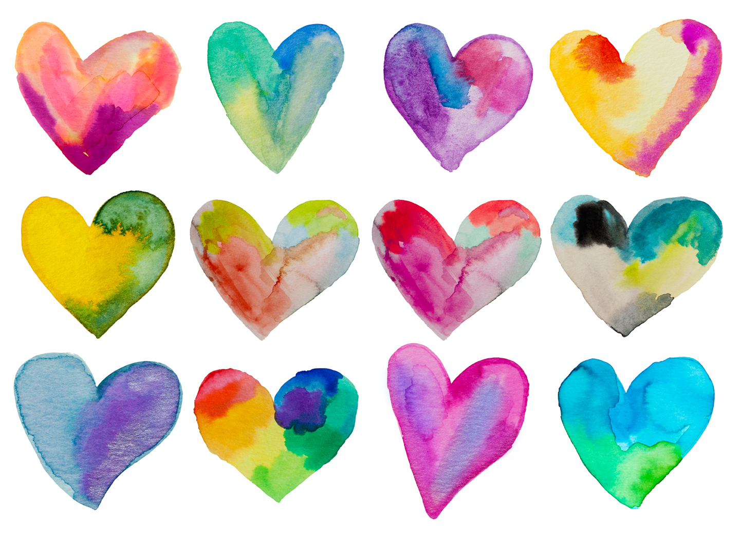 A collection of watercolour hearts