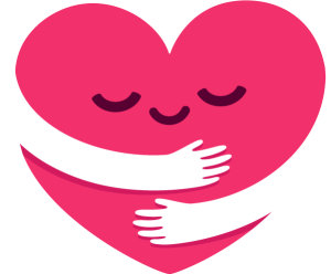 A pink heart with a smiling face, wrapping its arms around itself in a hug.