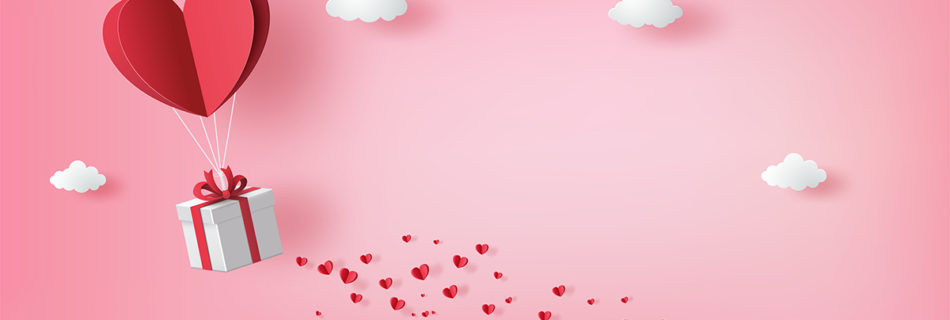 A gift-wrapped box held aloft by a heart-shaped balloon, with hearts and clouds surrounding it