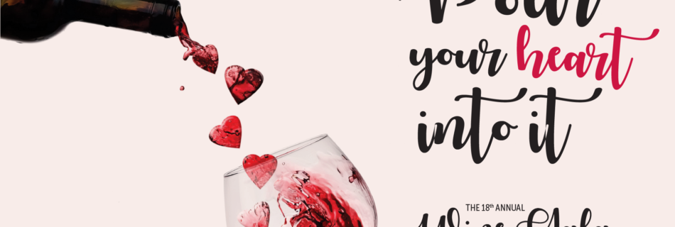 A wine bottle pours hearts into a wine glass beside the text "Pour your heart into it"