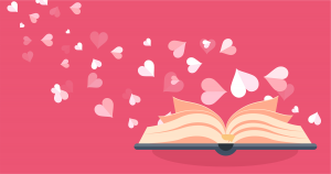 An open book with hearts floating up from it