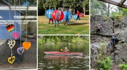 A collage of camp photos: a heart mobile, a game of bubble soccer, kayaking, and rock climbing