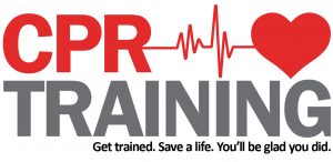 A heart with the words "CPR training. Get trained. Save a life. You'll be glad you did."