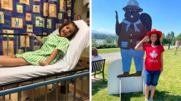 Mirella in the hospital (left) and with a large cutout of a beaver (right)
