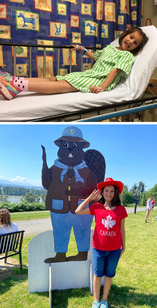 Mirella in the hospital (top) and with a large cutout of a beaver (bottom)