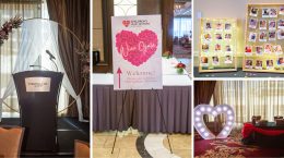 A welcome sign at the gala, the speakers' podium, a board with photos of heart children, and the reception desk with a heart-shaped arch beside it
