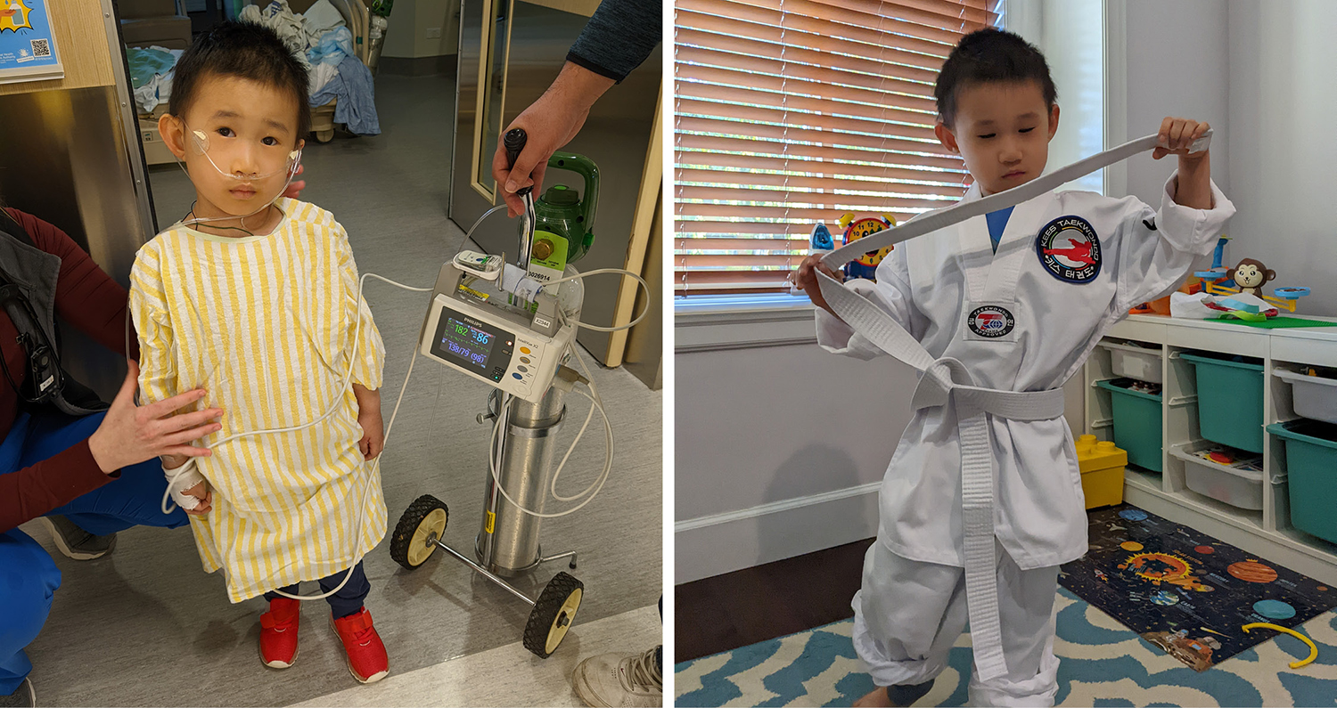 On the left, Winston in a hospital gown. On the right, Winston in a Tae Kwon Do uniform.