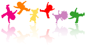 Colourful silhouettes of kids doing various activities.