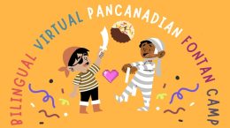 The text "Bilingual Virtual Pan-Canadian Fontan Camp" and kids dressed up in costumes such as a pirate and a mummy.